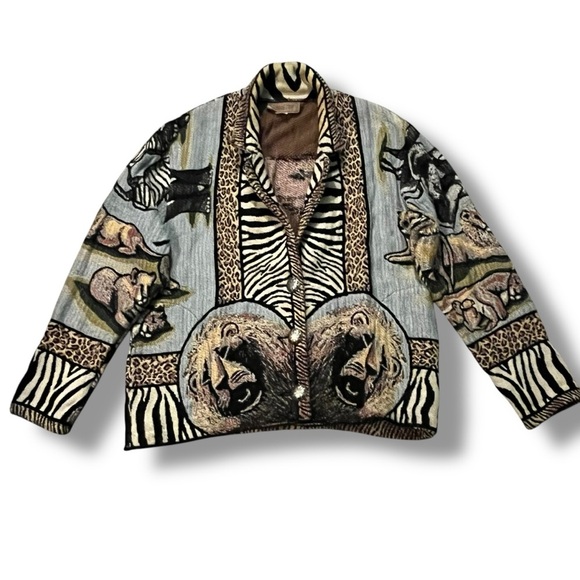 Vintage Painted Pony Tapestry Jacket Lions Giraffes Africa Safari Jungle Pockets - Picture 1 of 10